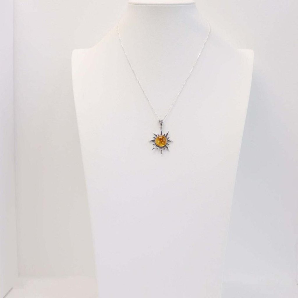 Natural Baltic Lemon Amber Celestial Sun Pendant Necklace