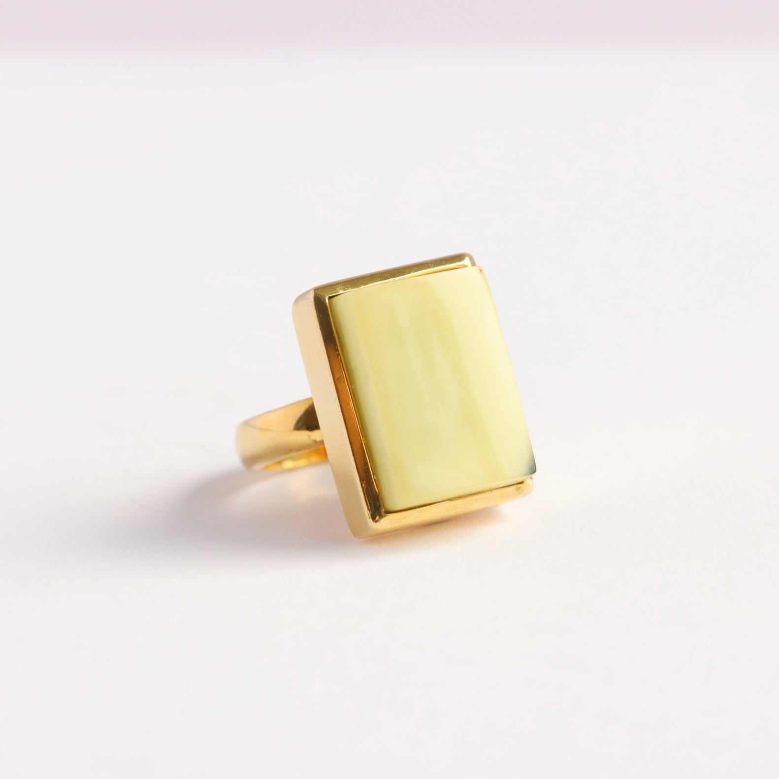 Baltic Amber Rectangular Ring|Butterscotch-Lime|14k Gold Plated s925|Handmade