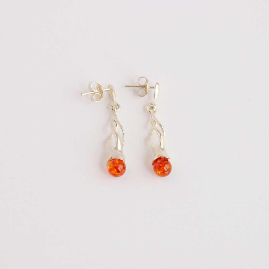 Natural Baltic Cognac Amber Modern Twist Dangle Earrings in 925 Silver