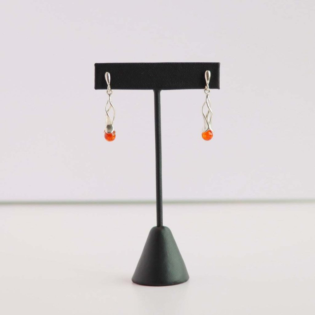 Natural Baltic Cognac Amber Modern Twist Dangle Earrings in 925 Silver