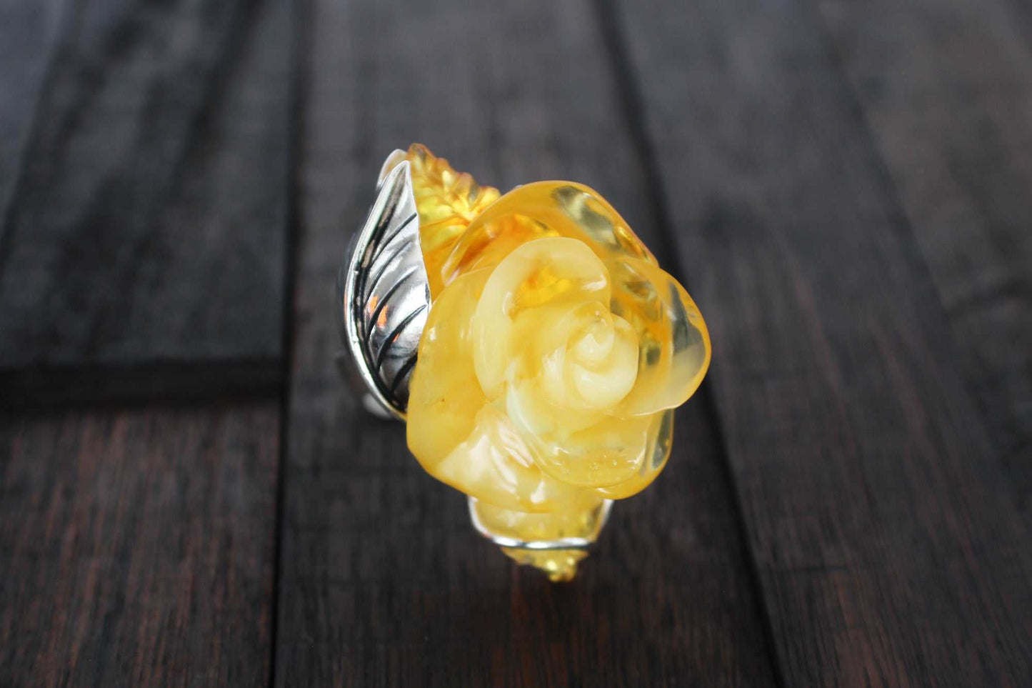 Natural Baltic Lemon Amber Hand-Carved Rose Ring