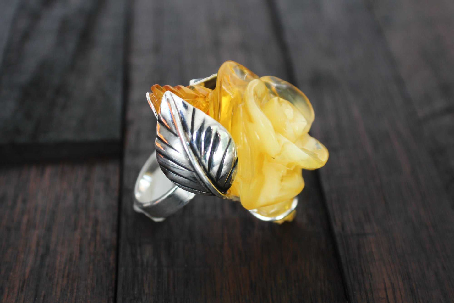 Natural Baltic Lemon Amber Hand-Carved Rose Ring