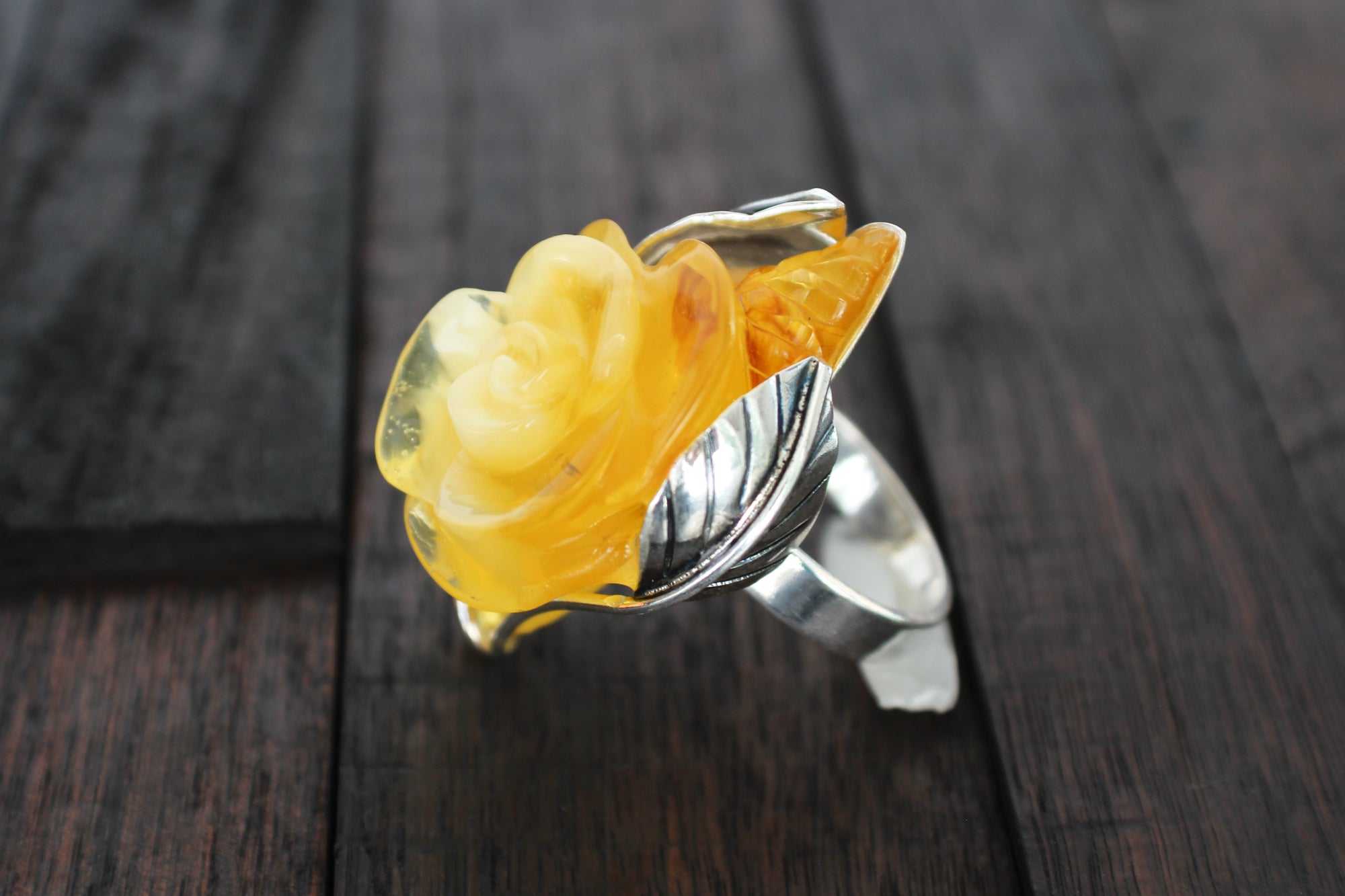 Natural Baltic Lemon Amber Hand-Carved Rose Ring