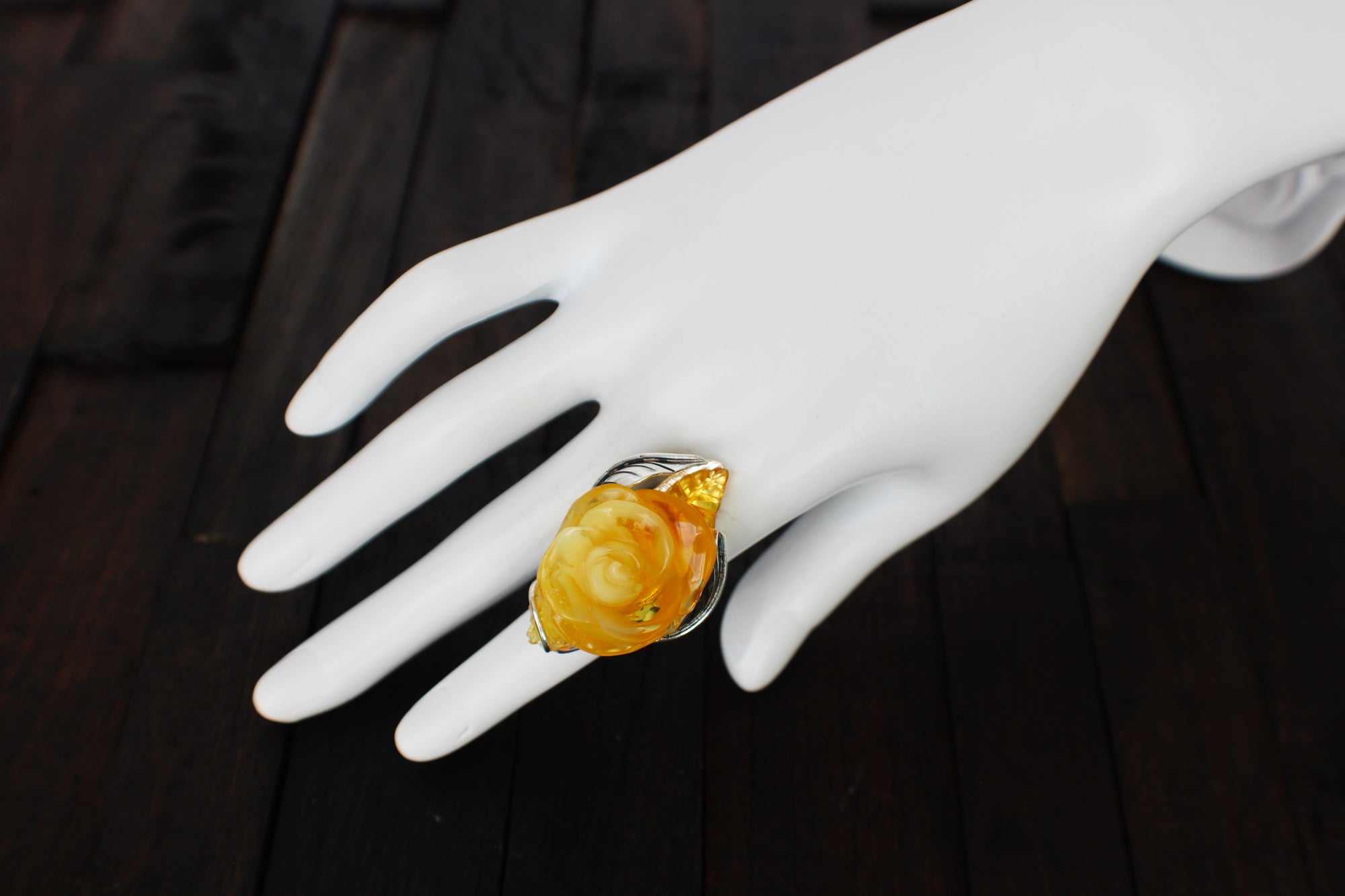 Natural Baltic Lemon Amber Hand-Carved Rose Ring