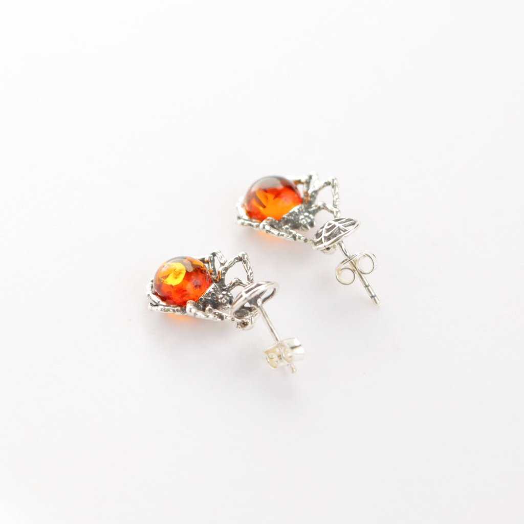 Baltic Amber Spider Stud Earrings in 925 Sterling Silver