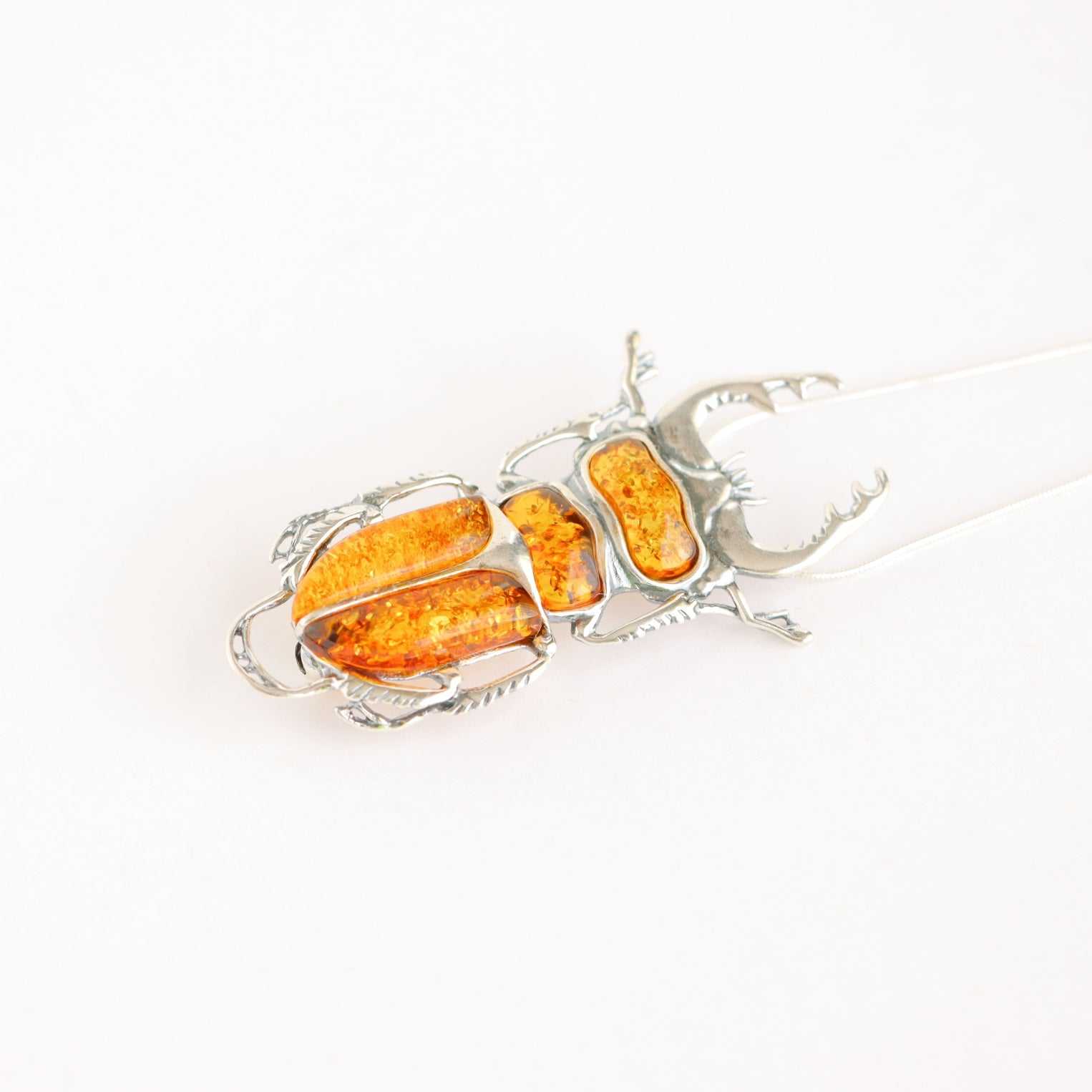 Natural Baltic Cognac Amber Scarab Pendant/ Brooch Necklace in 925 Sterling Silver