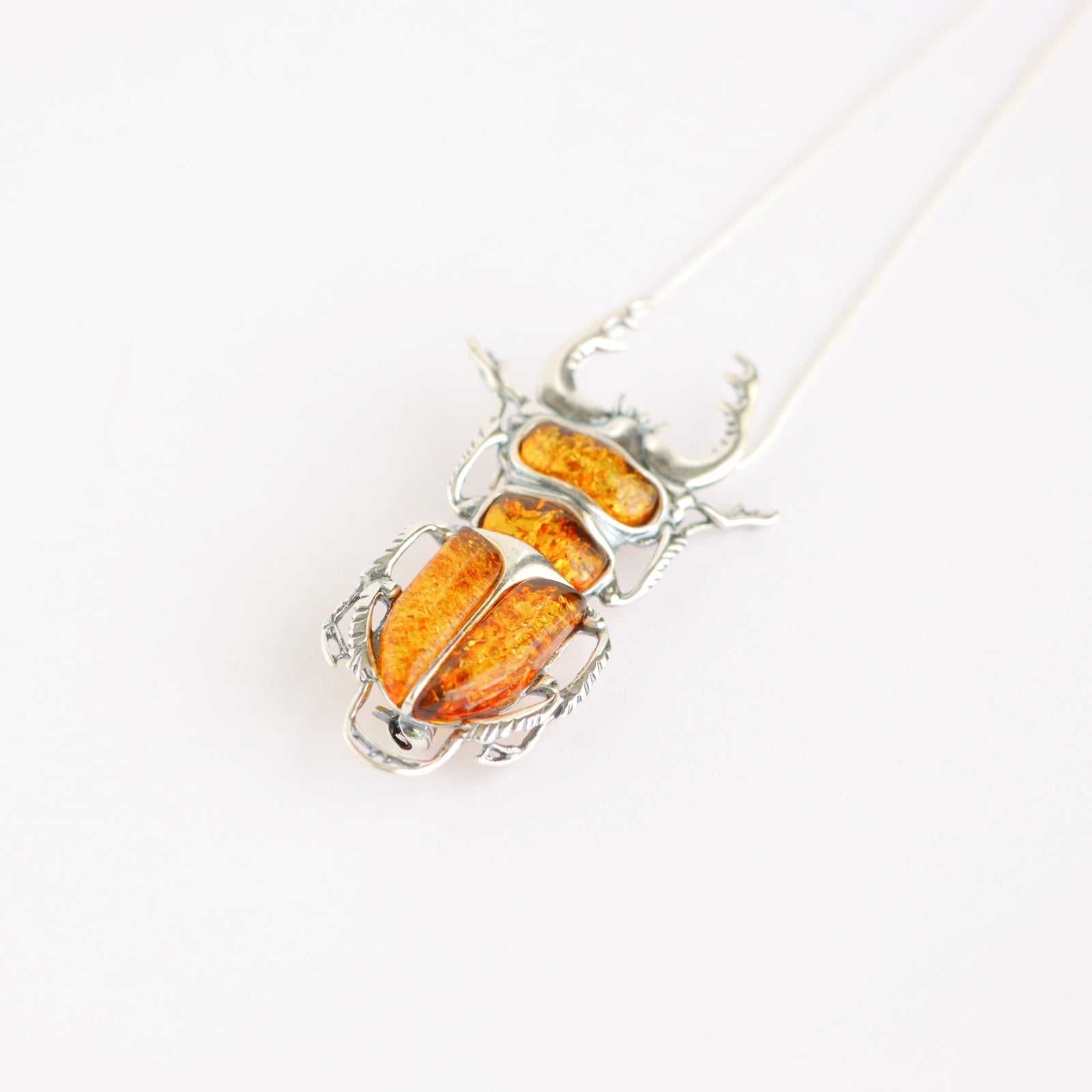 Natural Baltic Cognac Amber Scarab Pendant/ Brooch Necklace in 925 Sterling Silver