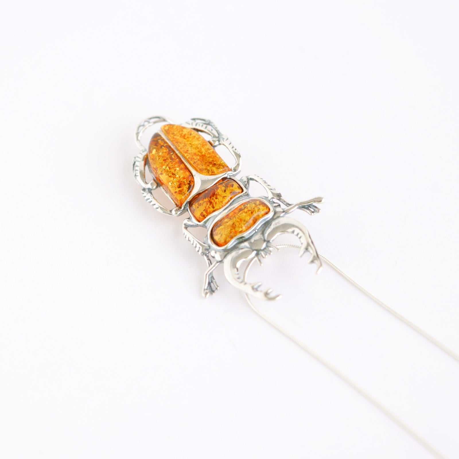 Natural Baltic Cognac Amber Scarab Pendant/ Brooch Necklace in 925 Sterling Silver