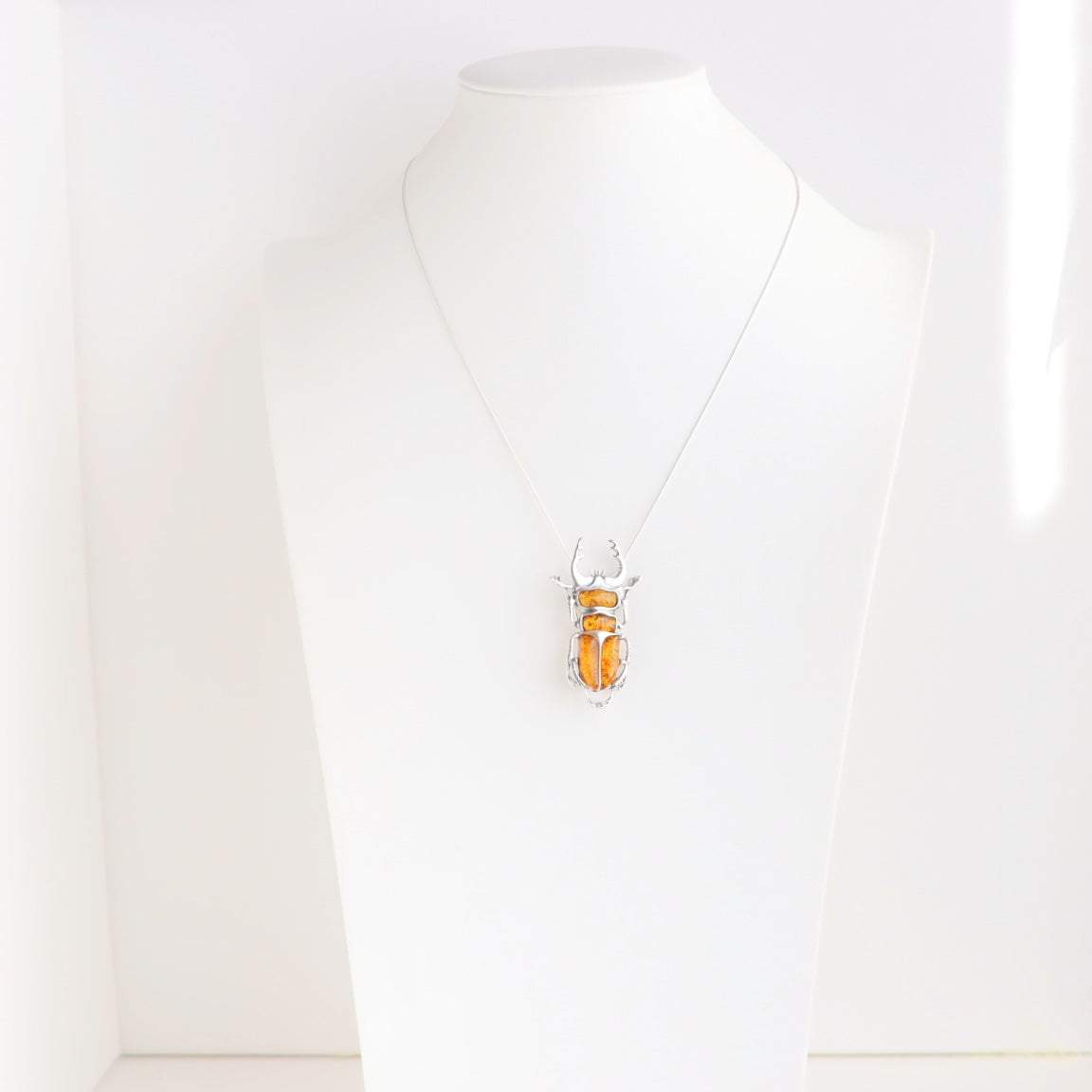 Natural Baltic Cognac Amber Scarab Pendant/ Brooch Necklace in 925 Sterling Silver