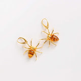 Natural Baltic Cognac Amber 14k Gold Plated Black Widow Earrings in 925 Sterling Silver