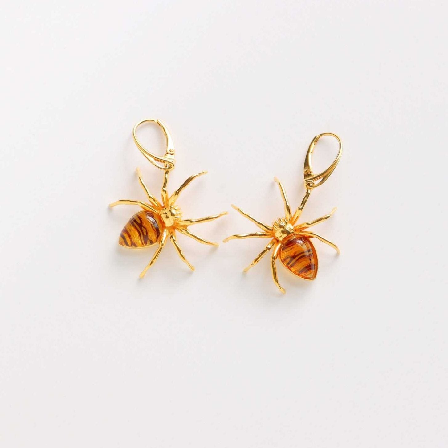 Natural Baltic Cognac Amber 14k Gold Plated Black Widow Earrings in 925 Sterling Silver