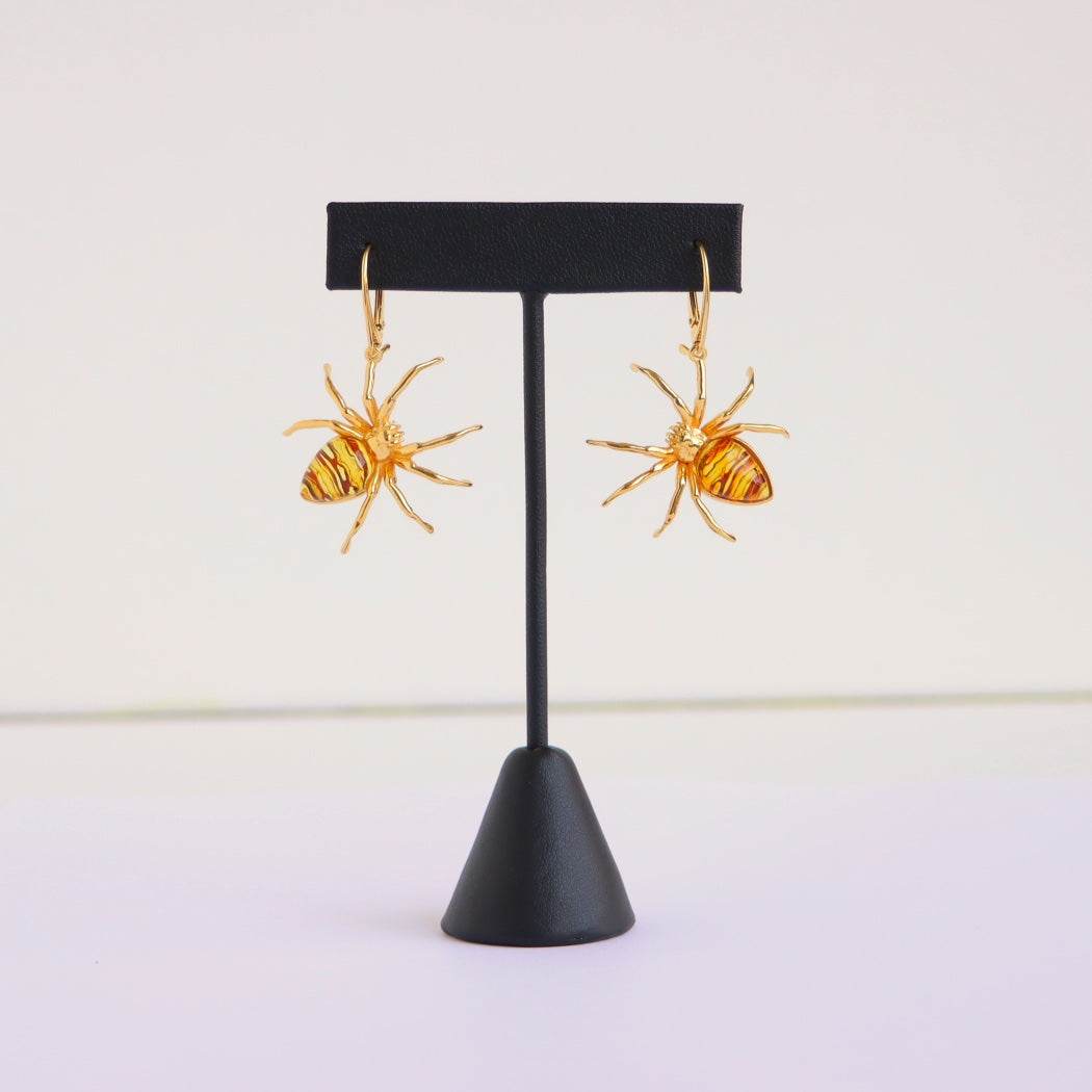 Natural Baltic Cognac Amber 14k Gold Plated Black Widow Earrings in 925 Sterling Silver