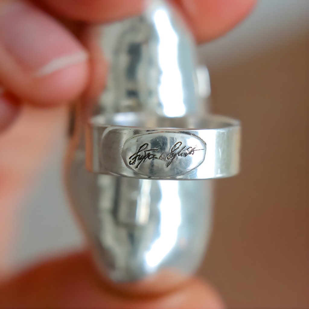 Silver amber ring with engraved text held in a hand against a neutral background