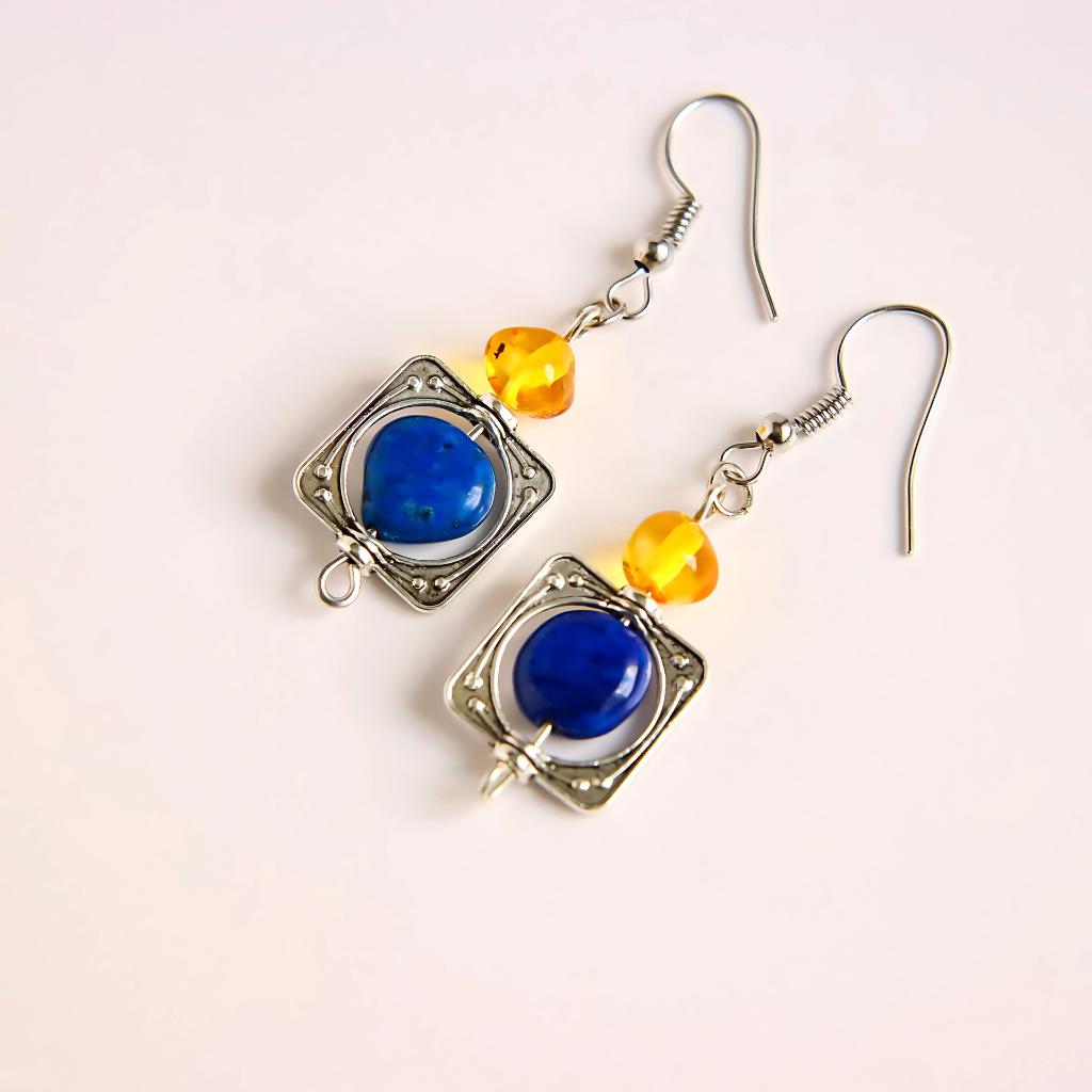 Lapis Earrings with Baltic Lemon Amber | Handmade | Nickel Free