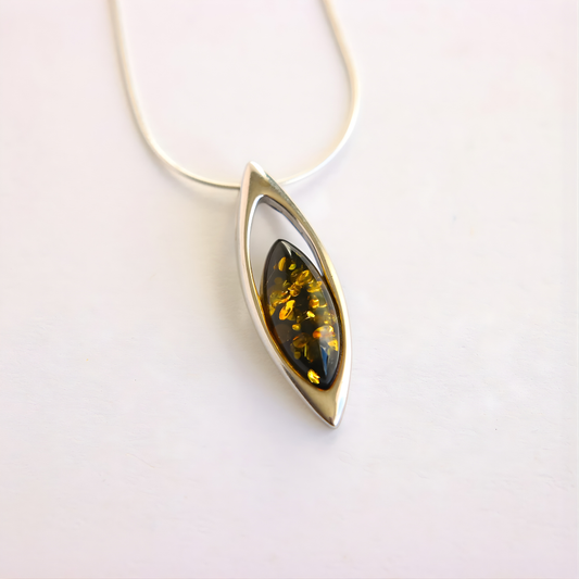 amber Necklace with a pendant featuring a marquise-shaped design on a white background