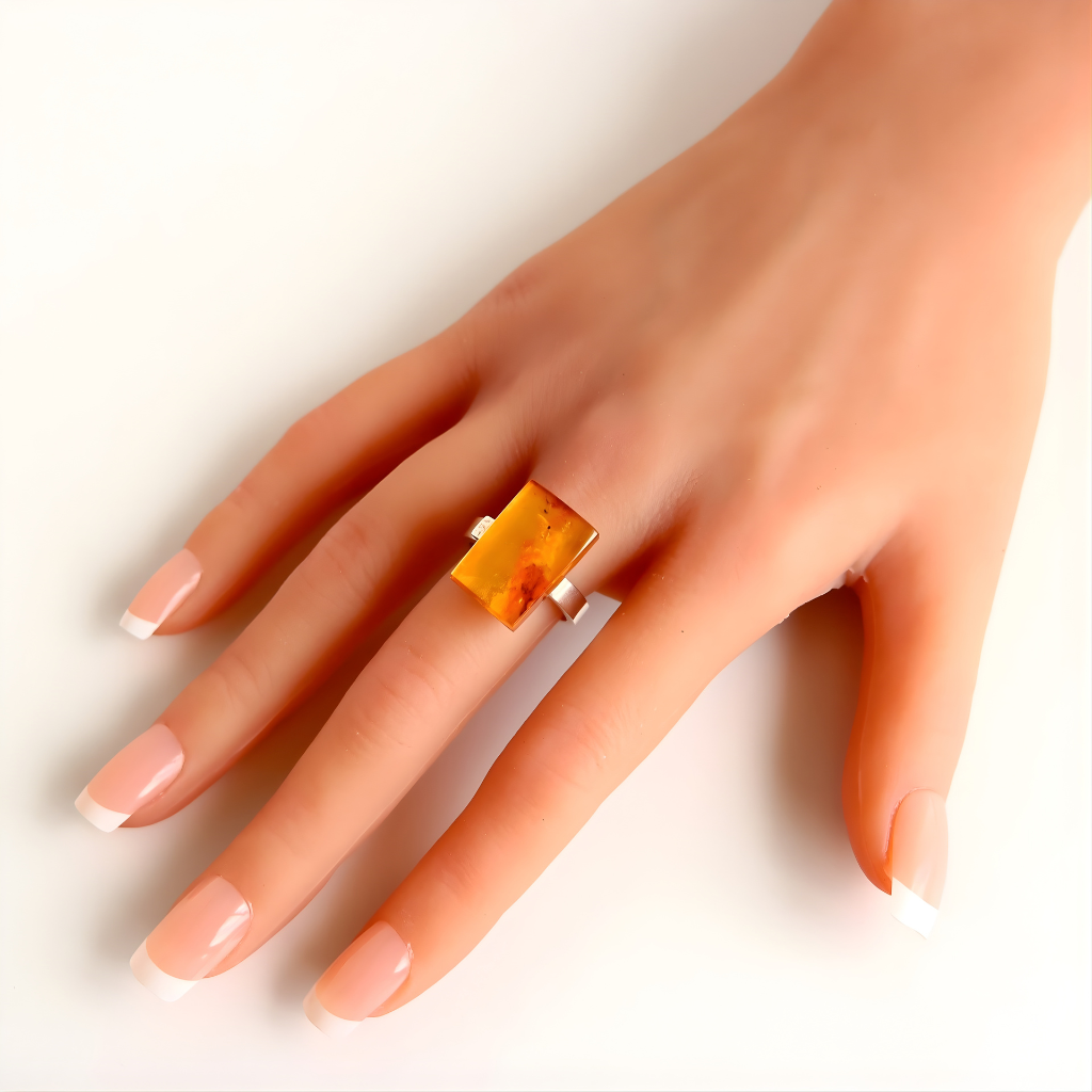 Hand wearing a amber ring with a rectangular amber stone on a white background