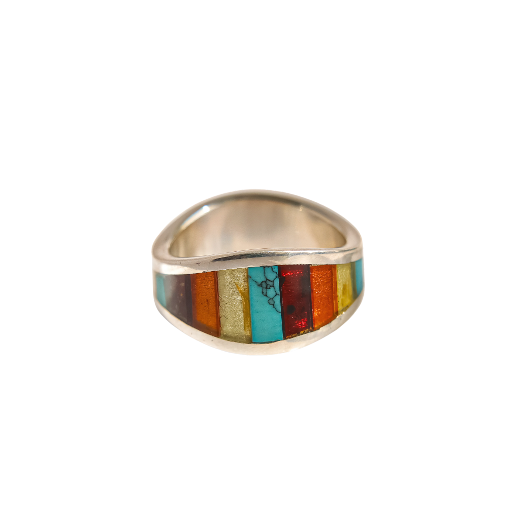 Baltic amber and turquoise men's ring in 925 sterling silver featuring lemon, cognac, cherry hues.