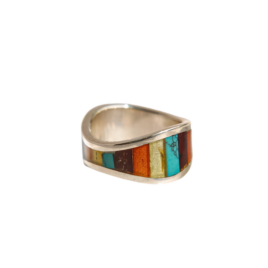 Baltic Amber and Turquoise Men's Ring in 925 Sterling Silver with Mosaic Design