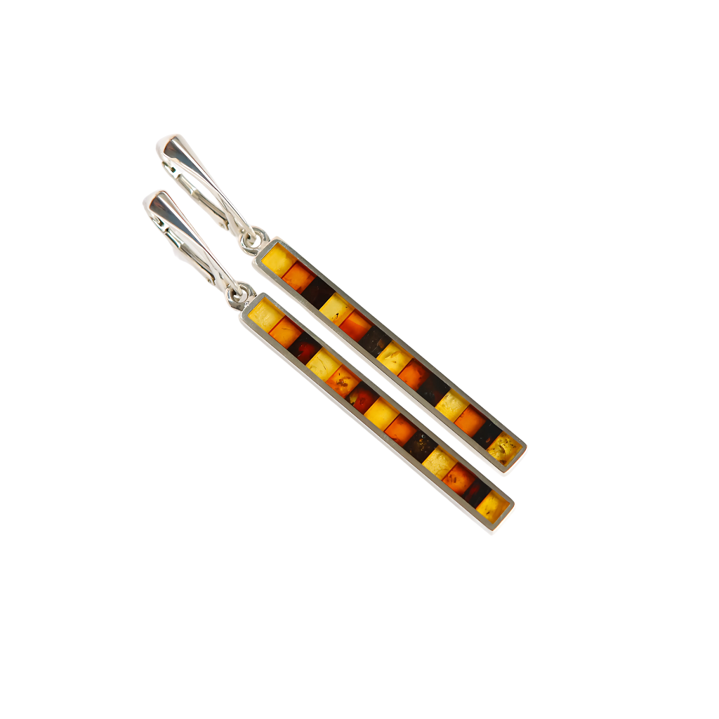 Mosaic Baltic cognac amber earrings in sterling silver with square cut design.