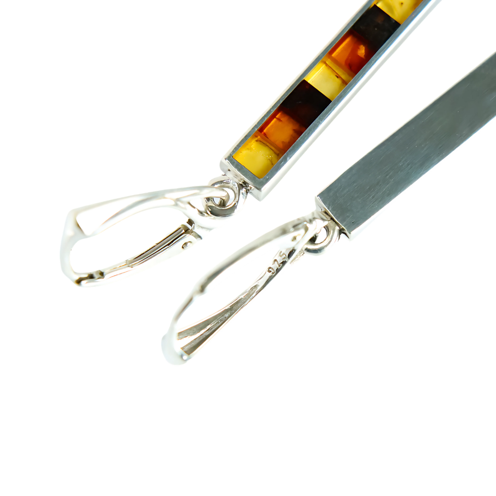Mosaic Baltic Cognac Amber Earrings in 925 Sterling Silver with square cut design showcasing contrasting amber hues.