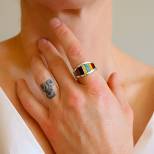 Mosaic Turquoise and Amber Ring in Sterling Silver