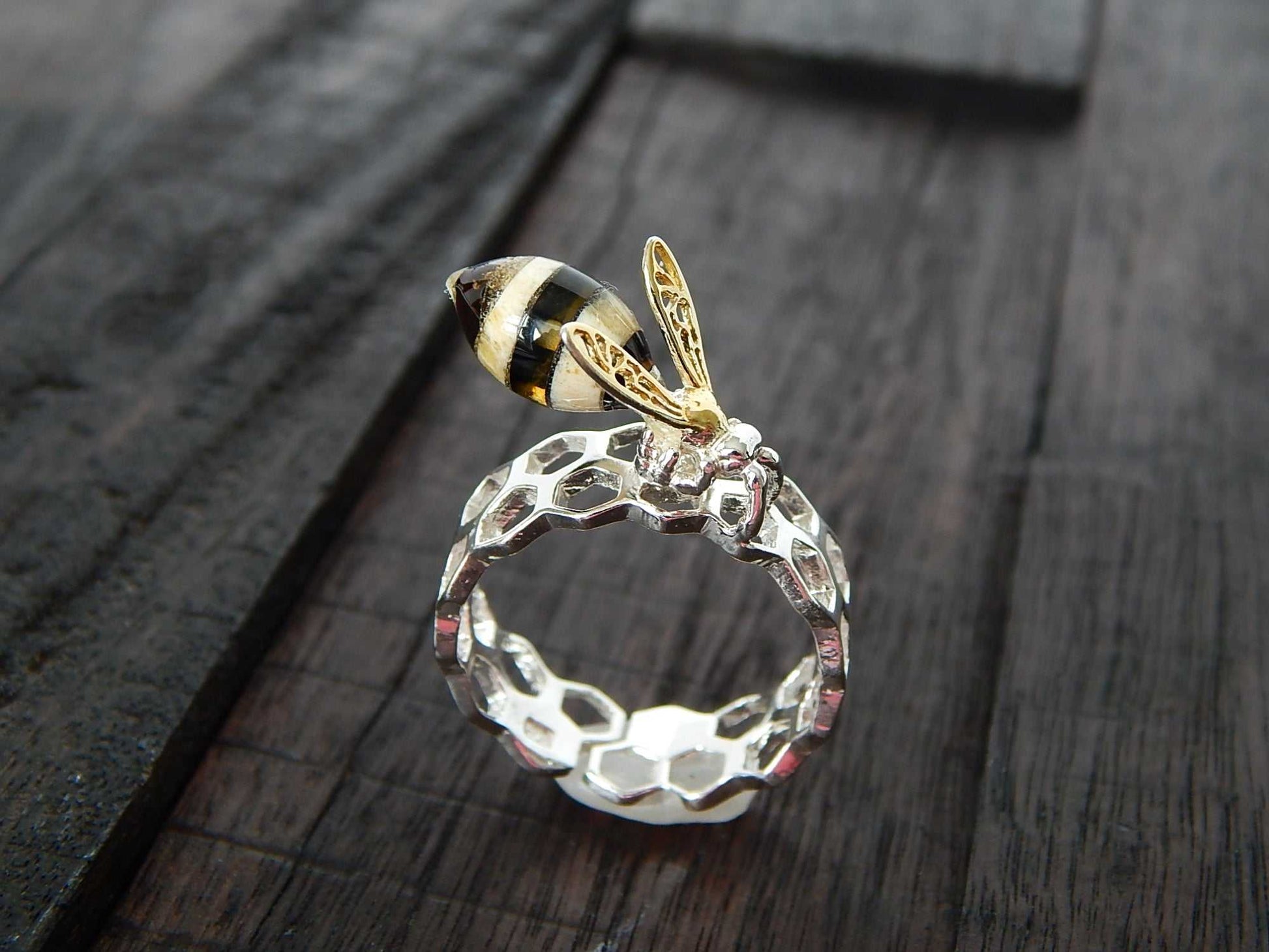 Natural Baltic Amber 14K Gold Plated Bee and Honeycomb Adjustable Ring - Jūratė Amber