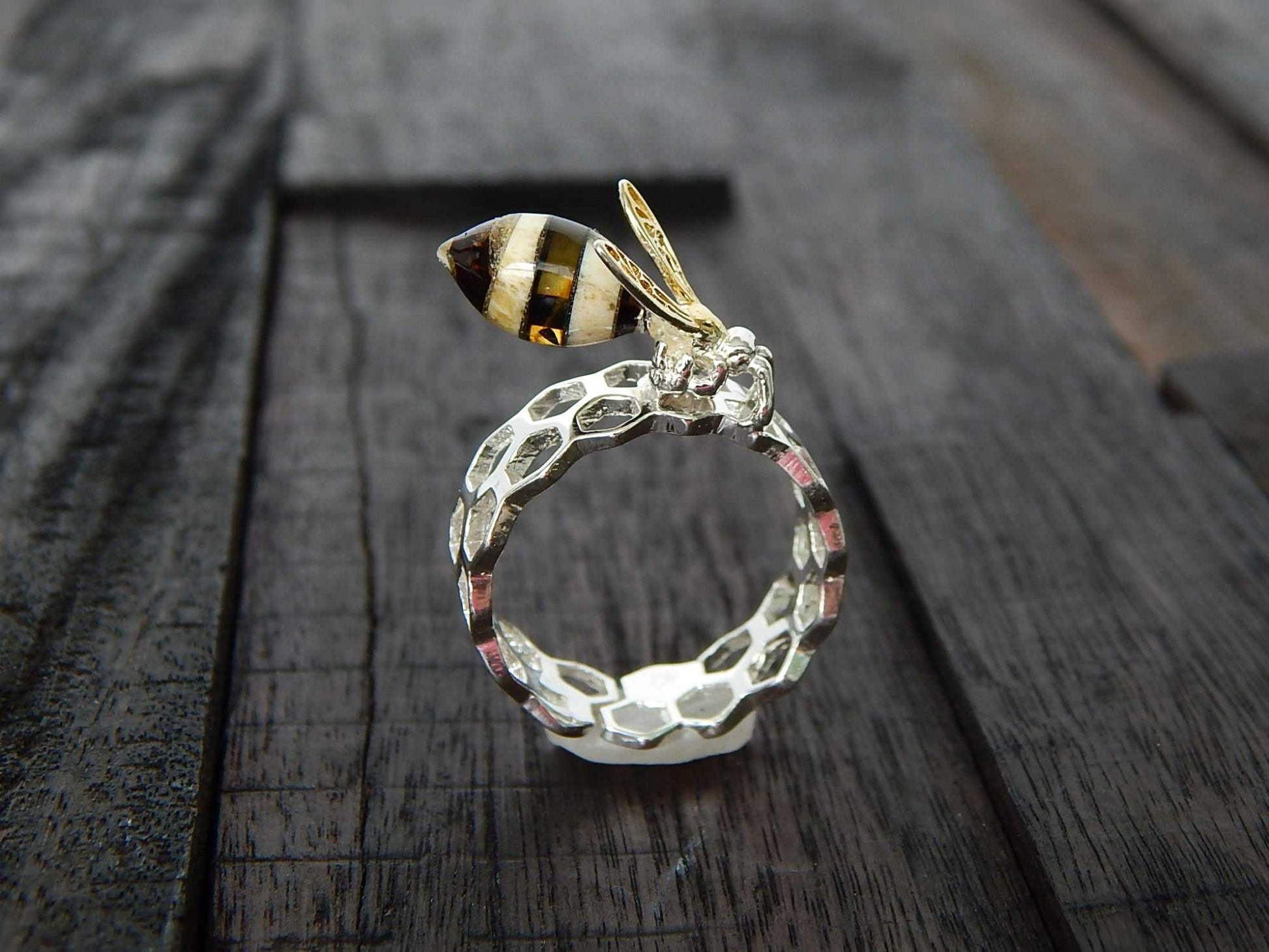 Natural Baltic Amber 14K Gold Plated Bee and Honeycomb Adjustable Ring - Jūratė Amber