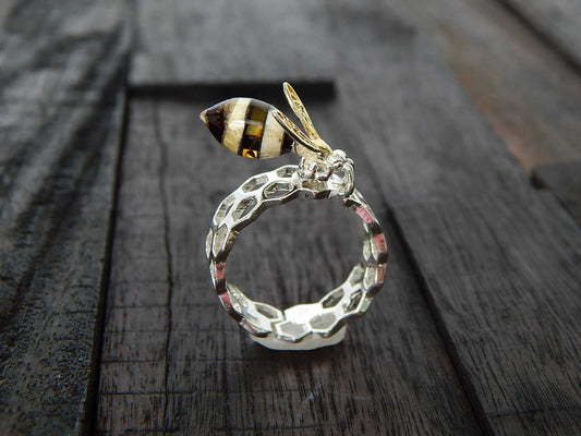 Natural Baltic Amber 14K Gold Plated Bee and Honeycomb Adjustable Ring - Jūratė Amber