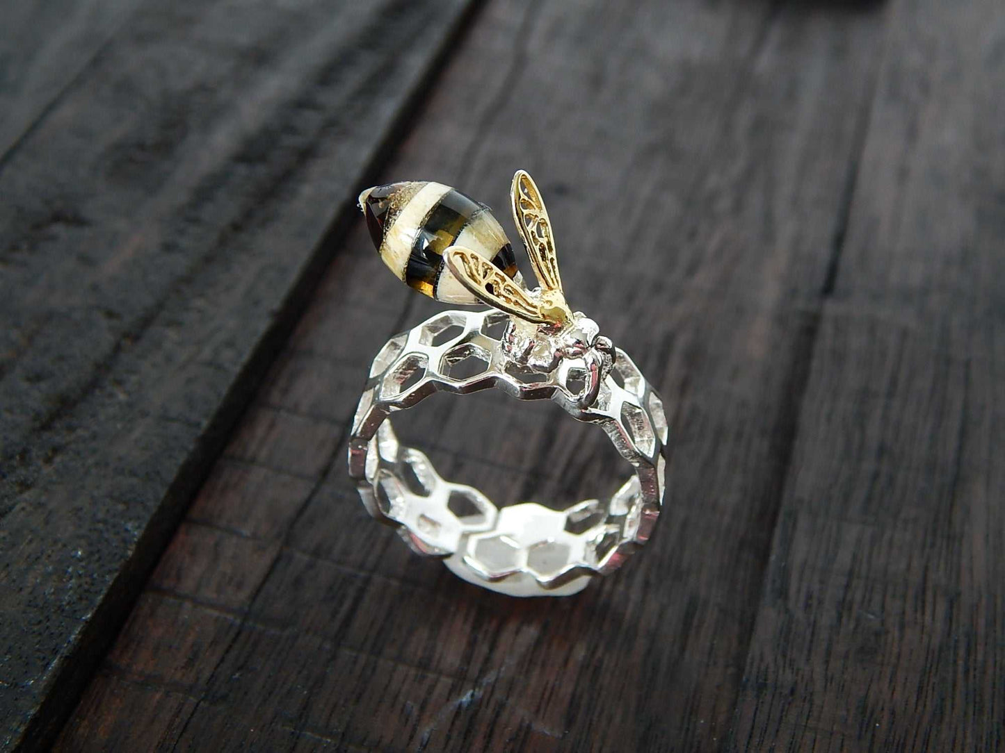 Natural Baltic Amber 14K Gold Plated Bee and Honeycomb Adjustable Ring - Jūratė Amber