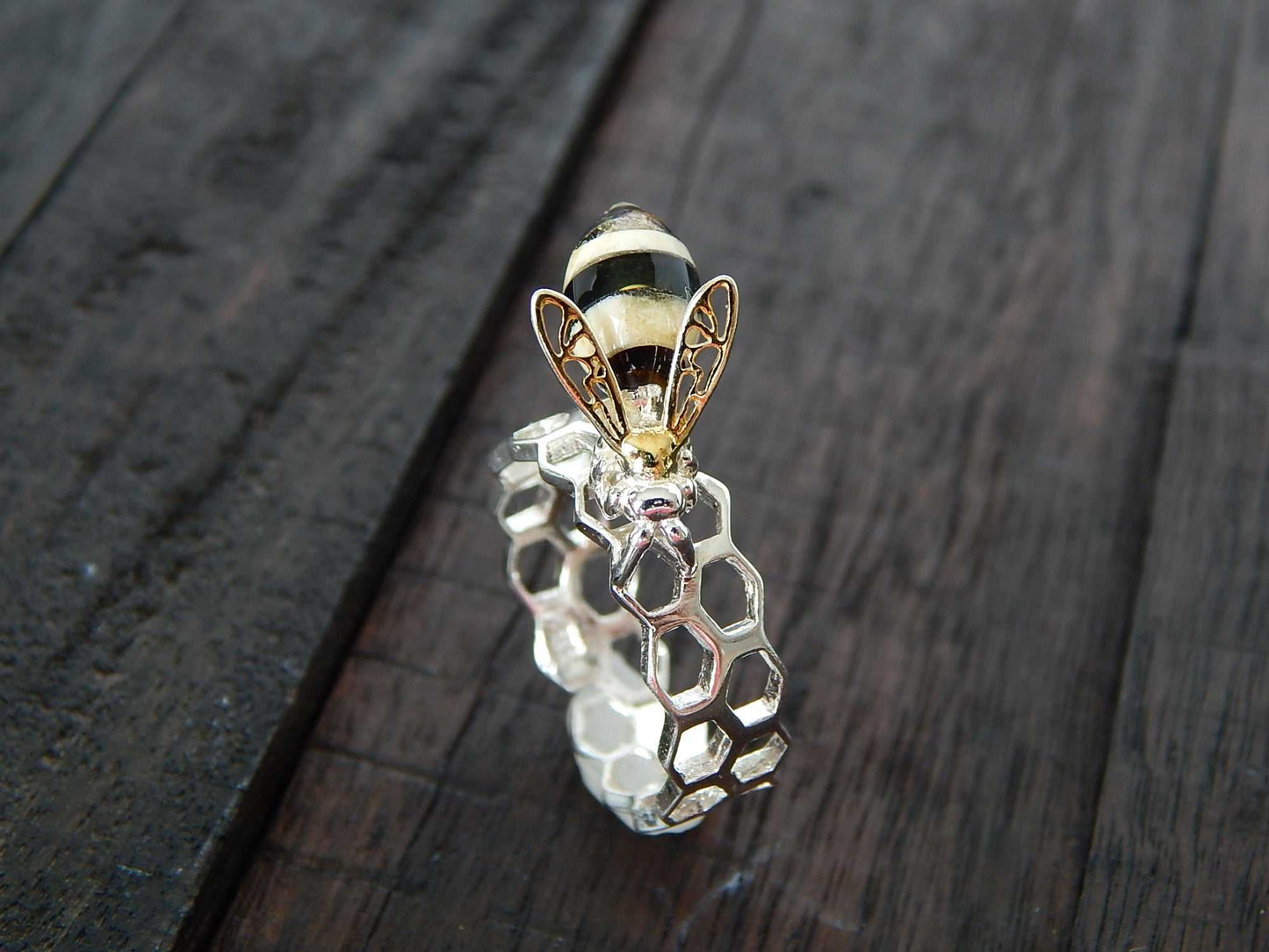 Natural Baltic Amber 14K Gold Plated Bee and Honeycomb Adjustable Ring - Jūratė Amber