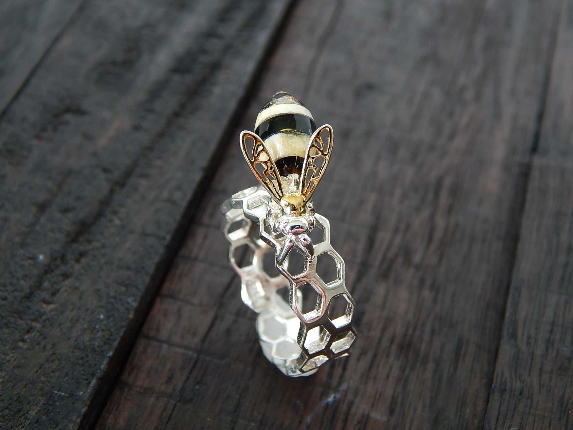 Natural Baltic Amber 14K Gold Plated Bee and Honeycomb Adjustable Ring - Jūratė Amber
