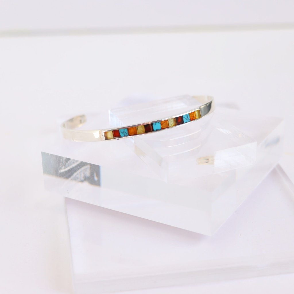 Natural Baltic amber and turquoise cuff bracelet with 925 sterling silver, handmade mosaic design.