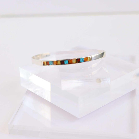 Handmade bracelet with natural Baltic amber and turquoise mosaic, 925 sterling silver cuff.