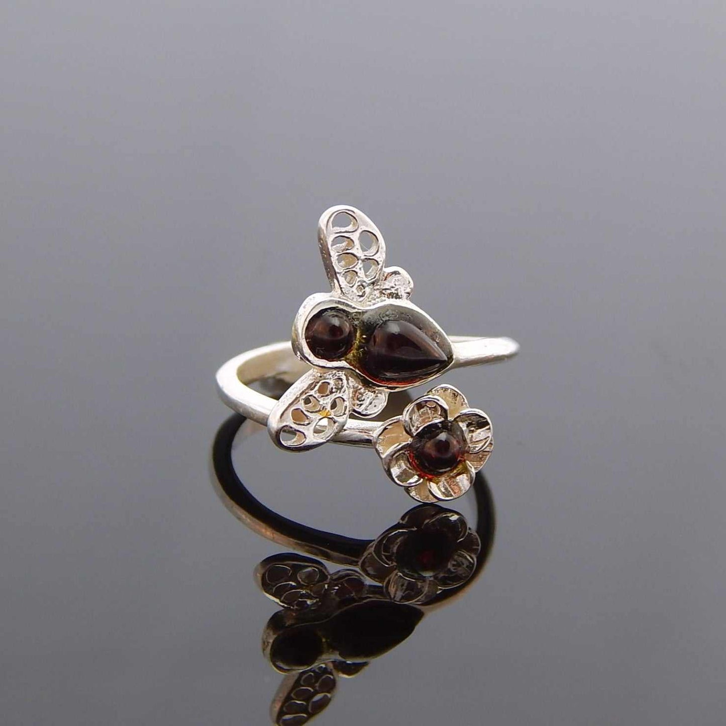 Natural Baltic Cherry Amber Bumble Bee Flower Adjustable Ring in 925 Sterling Silver - Jūratė Amber