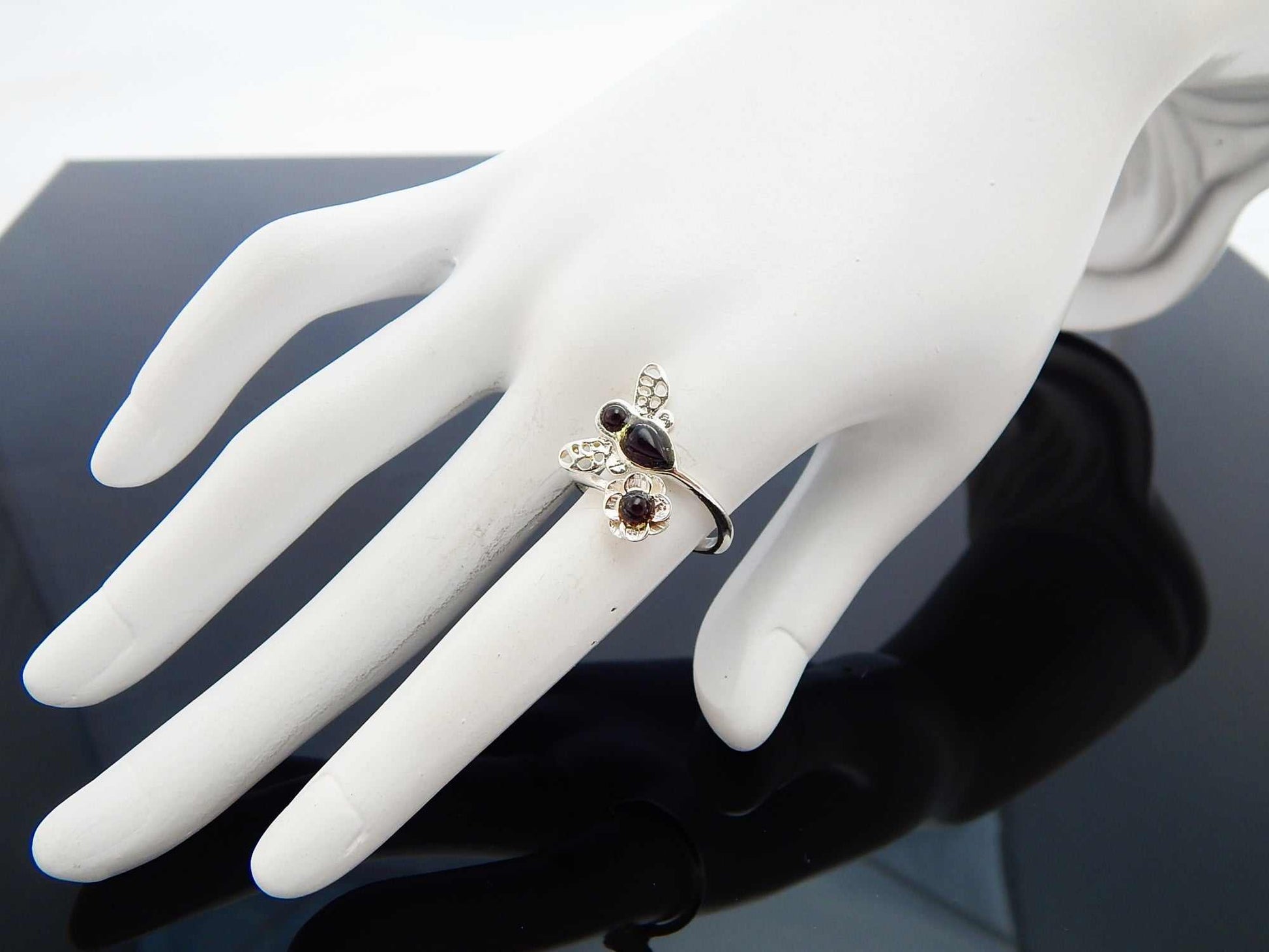 Natural Baltic Cherry Amber Bumble Bee Flower Adjustable Ring in 925 Sterling Silver - Jūratė Amber
