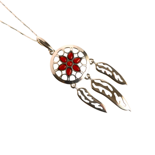 Natural Baltic Cherry Amber Dream Catcher Necklace in 925 Sterling Silver with 20-inch chain, boho chic style.