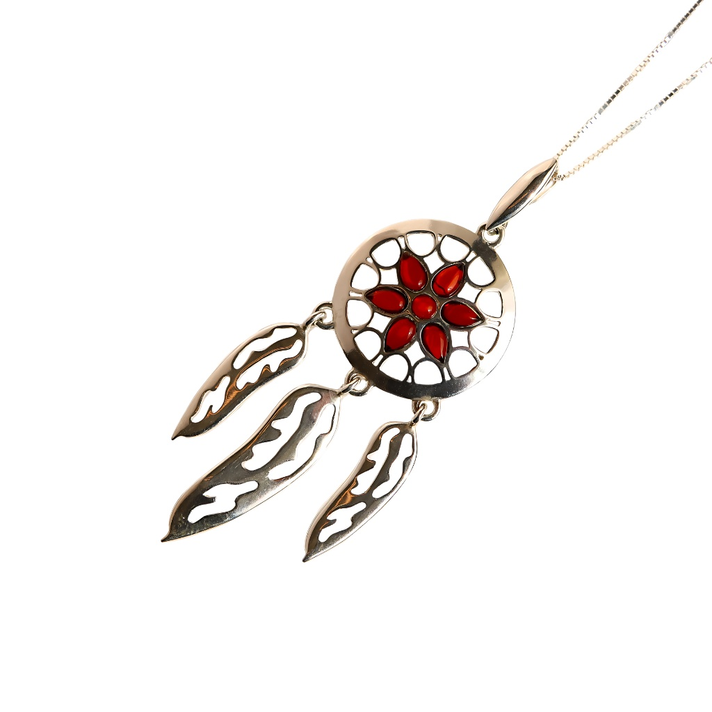 Natural Baltic Cherry Amber Dream Catcher Necklace in 925 Sterling Silver featuring boho charm.