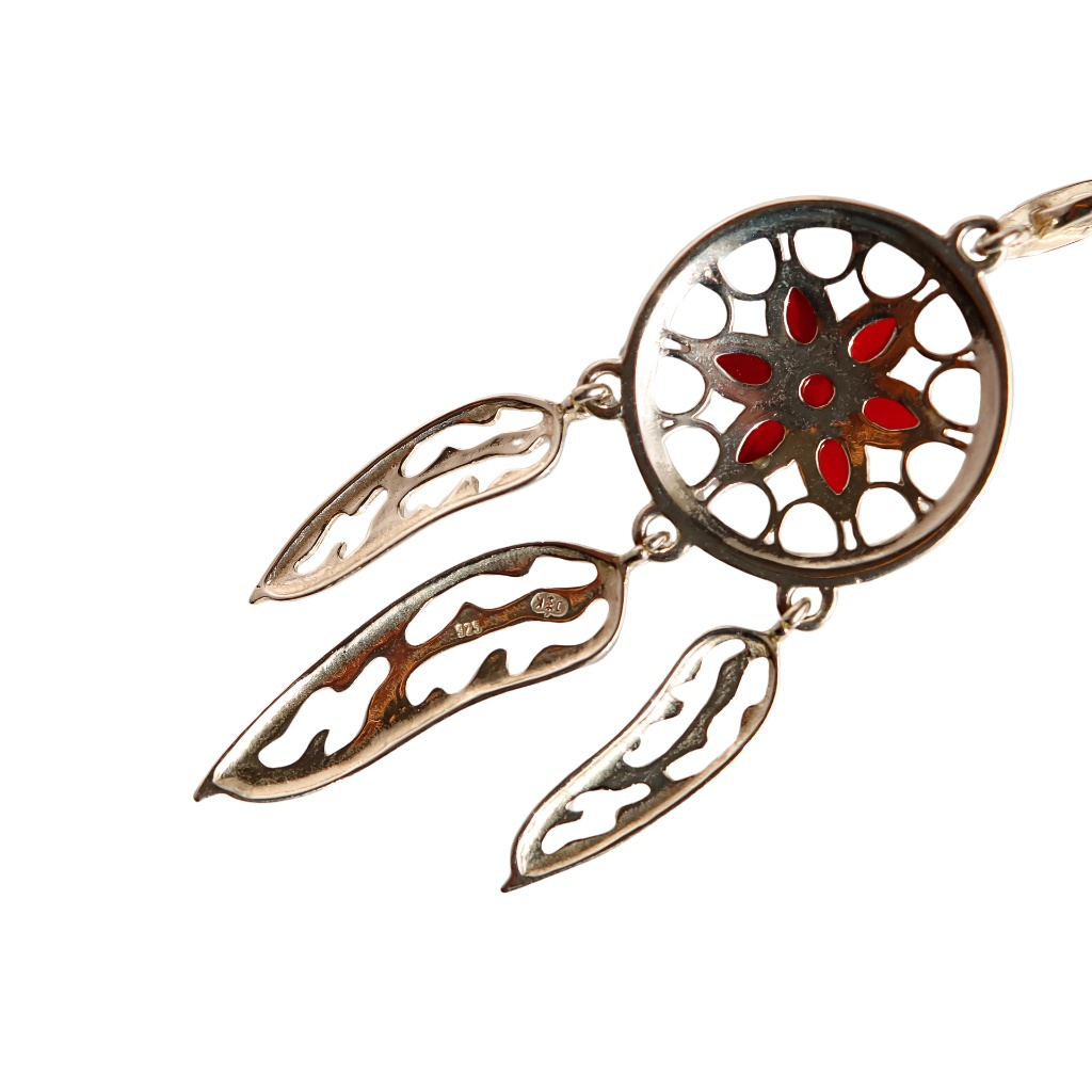 Natural Baltic Cherry Amber Dream Catcher Necklace in 925 Sterling Silver.