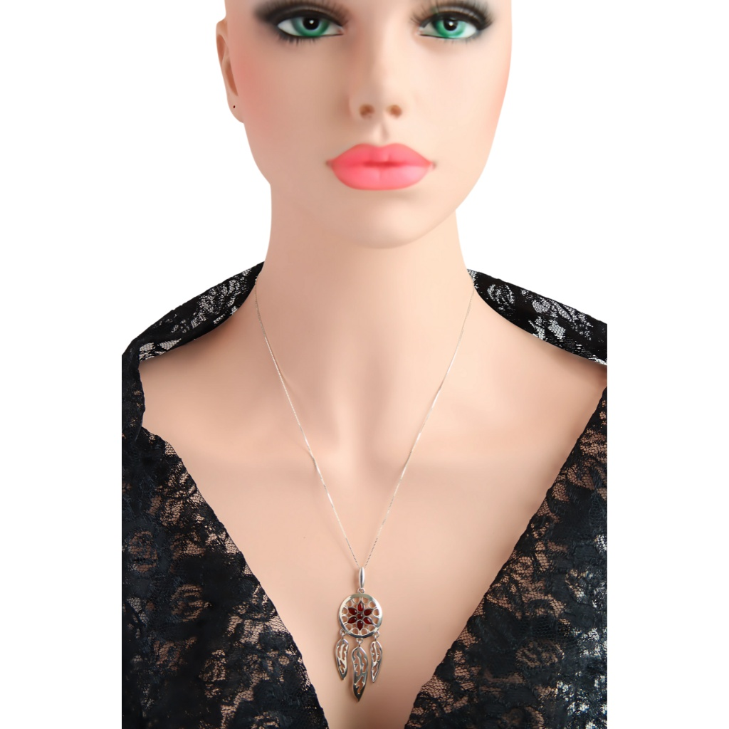 Natural Baltic Cherry Amber Dream Catcher Necklace in 925 Sterling Silver featuring boho chic design.