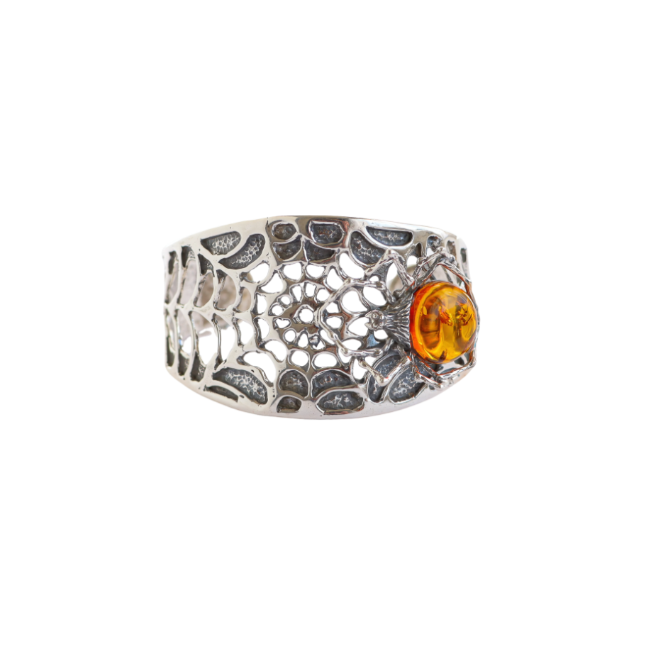 Natural Baltic Cognac Amber Brutalist Spider Cuff Bracelet in 925 Sterling Silver - Jūratė Amber Cuff Bracelet  Jūratė Amber
