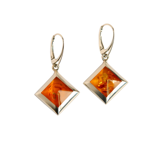 Natural Baltic cognac amber square cut dangle earrings in sterling silver setting.