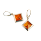 Natural Baltic cognac amber square cut dangle earrings in sterling silver.