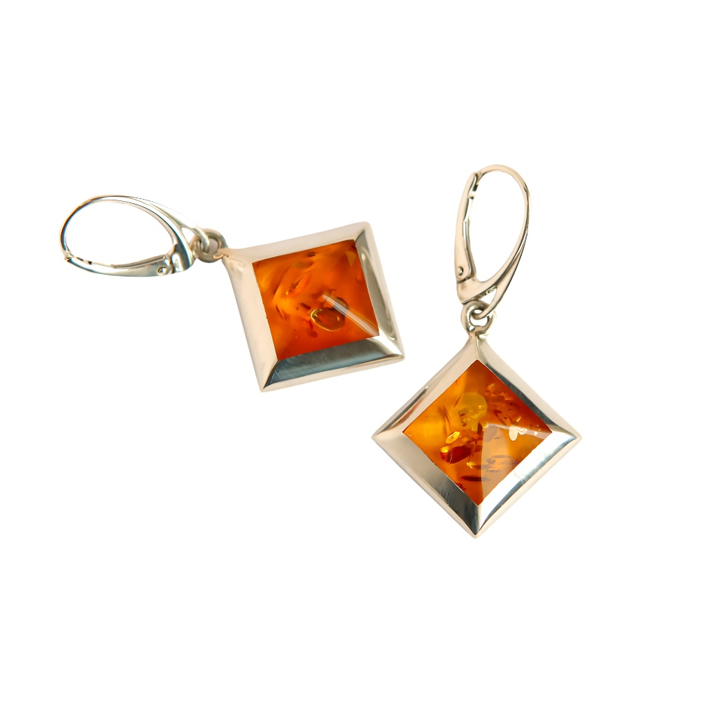 Natural Baltic cognac amber square cut dangle earrings in sterling silver.