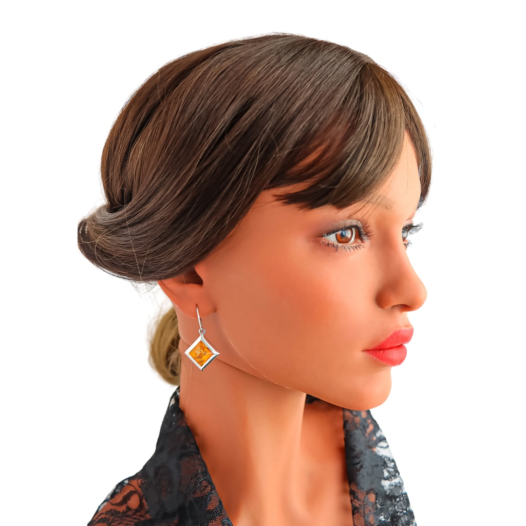 Natural Baltic Cognac Amber Square Cut Dangle Earrings in sterling silver.