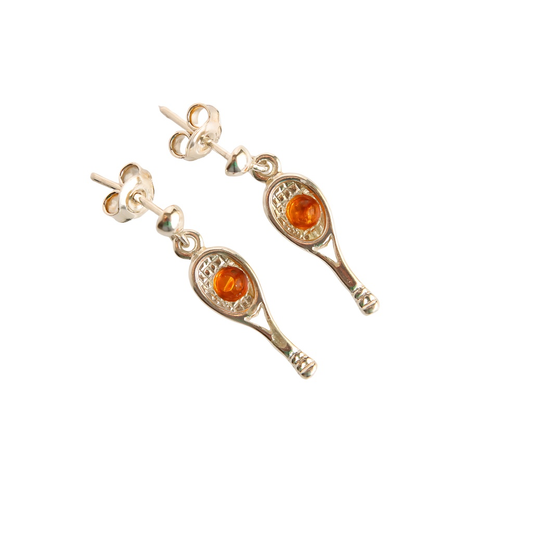 Natural Baltic cognac amber tennis racket earrings with sterling silver.