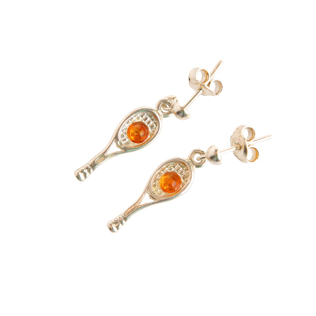 Natural Baltic cognac amber tennis racket earrings in sterling silver.