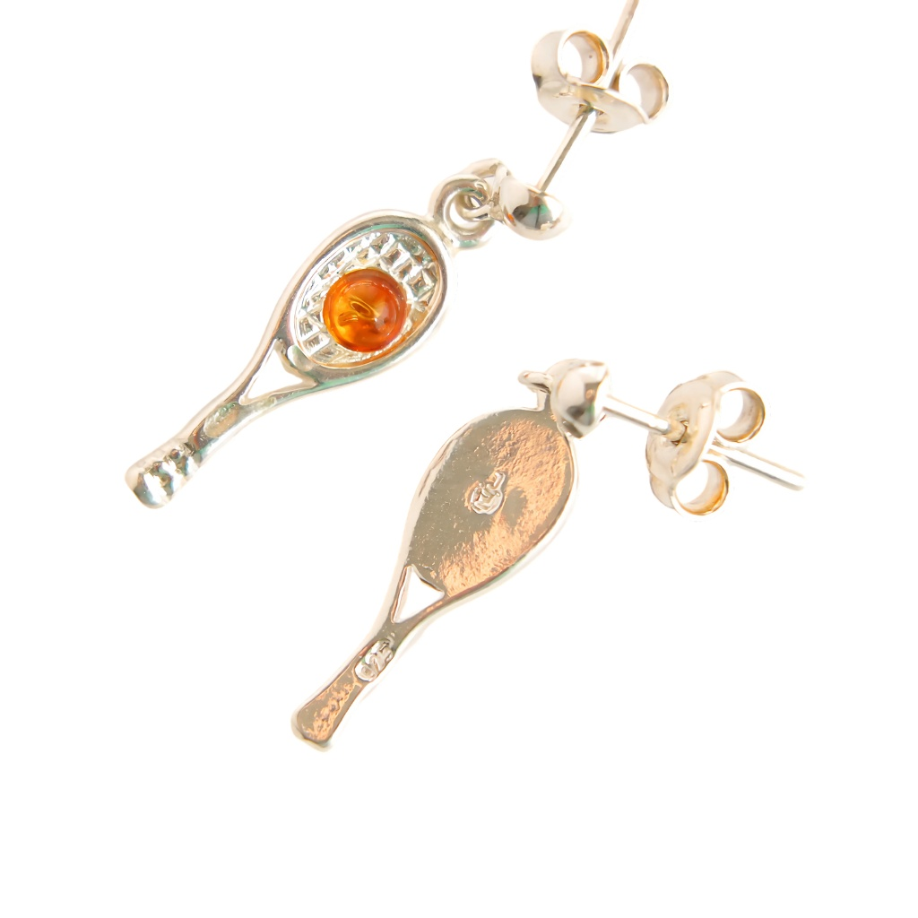 Natural Baltic cognac amber tennis racket earrings in sterling silver.