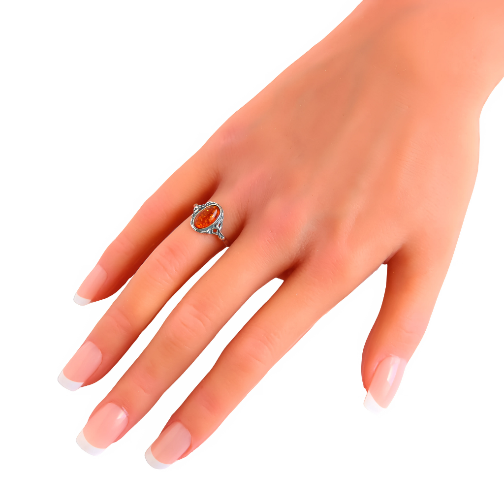 Victorian Silver Ring -Natural Baltic Cognac Amber sterling silver Victorian ring on hand.