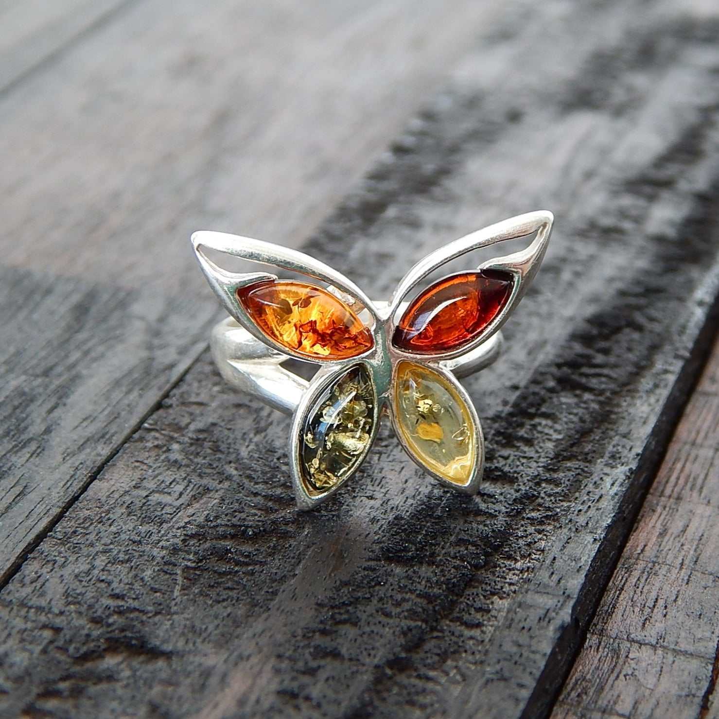 Natural Baltic Multicolor Amber Butterfly Adjustable Ring - Jūratė Amber