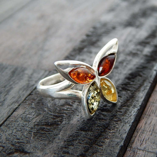 Natural Baltic Multicolor Amber Butterfly Adjustable Ring - Jūratė Amber